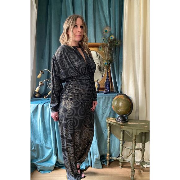 Vintage jumpsuit with graphic pattern and golden dots by Vera Mont, size 10 - Picture 5 of 6